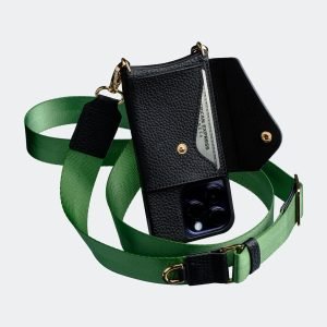 Black Bandolier-style leather crossbody phone case featuring a built-in wallet and secure card slots.