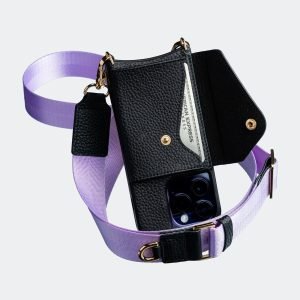 Black Bandolier-style leather crossbody phone case featuring a built-in wallet and secure card slots.