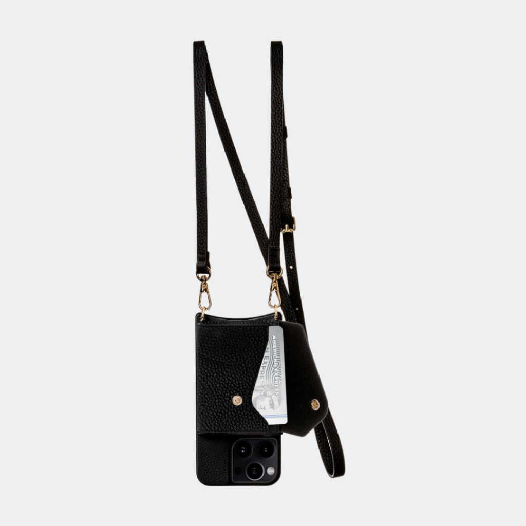 Black Bandolier-style leather crossbody phone case featuring a built-in wallet and secure card slots.