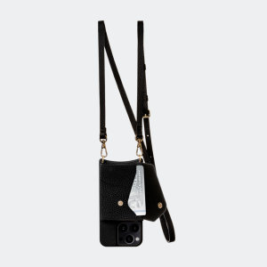 Black Bandolier-style leather crossbody phone case featuring a built-in wallet and secure card slots.